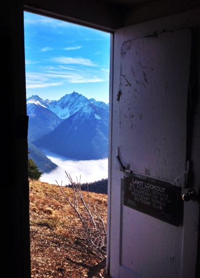 A doorway view of Vertical mountain